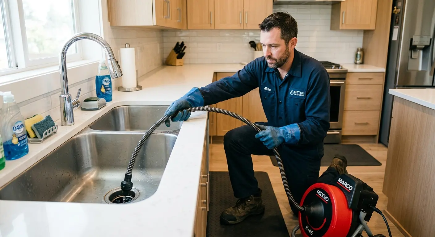 Drain cleaning technician using a motorized snake on a kitchen sink in White House