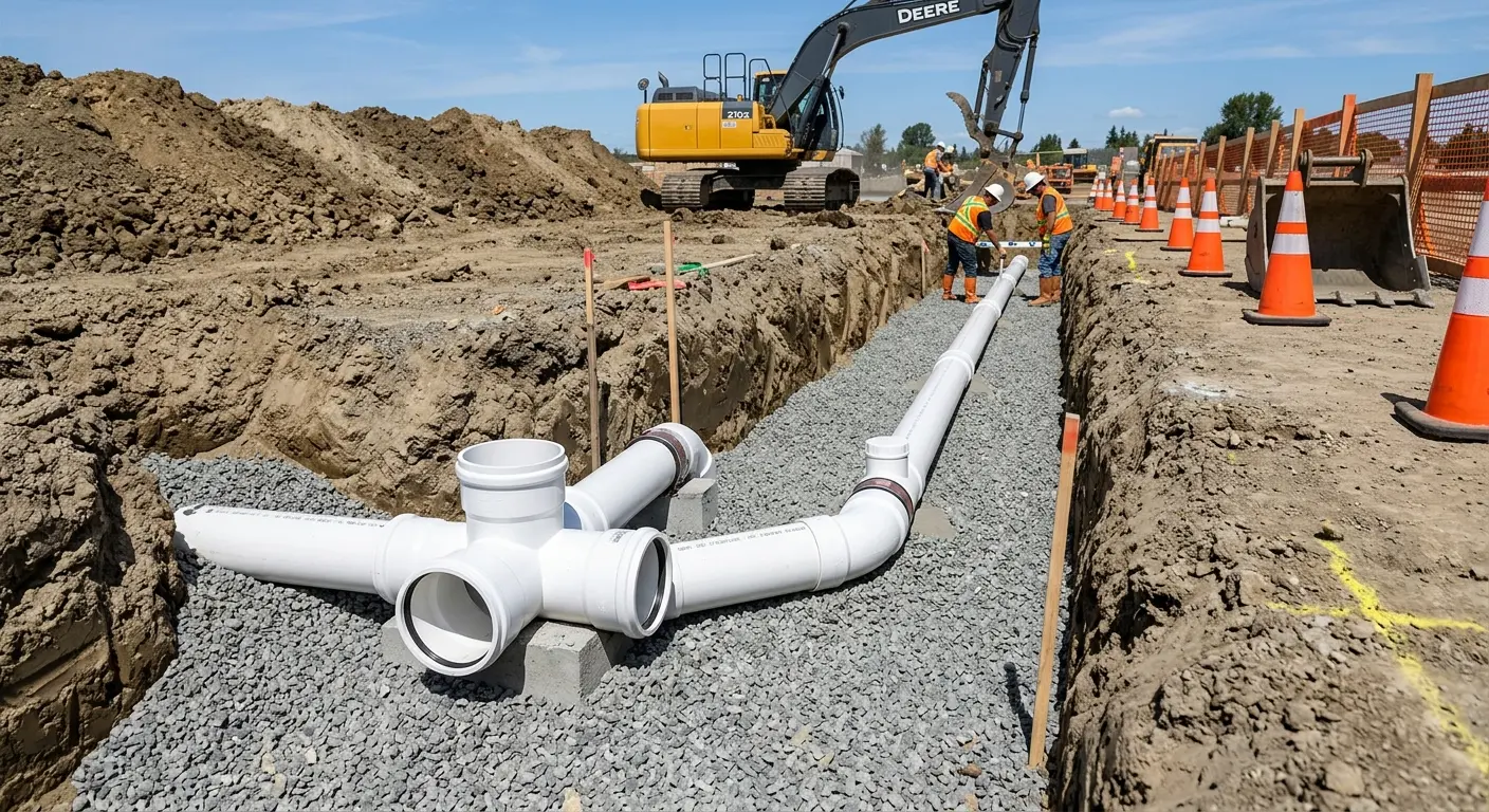 New PVC sewer pipe installation in open trench for Commercial Drain Cleaning in White House