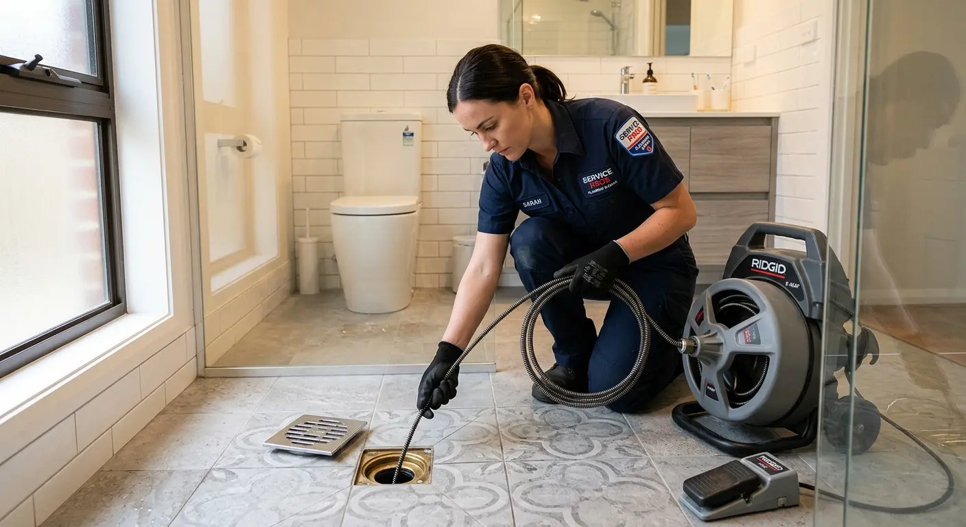 Technician clearing a bathroom floor drain for Sewer Line Replacement in White House